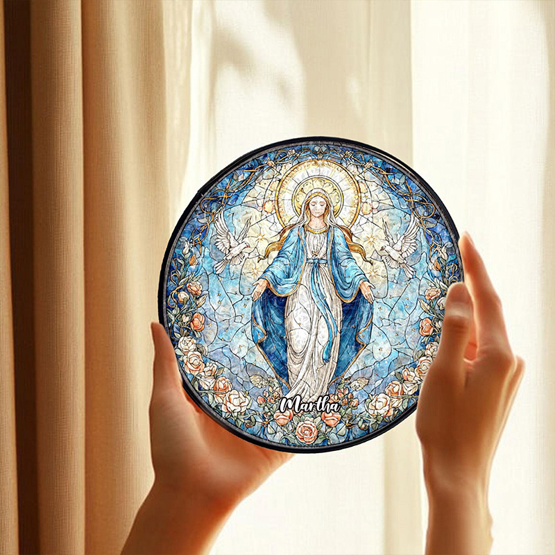 Personalized Virgin Mary Stained Glass Suncatcher Ornament with Name Our Lady of Grace Round Window Hanging Blue Rose Halo Home Decor Catholic Gift