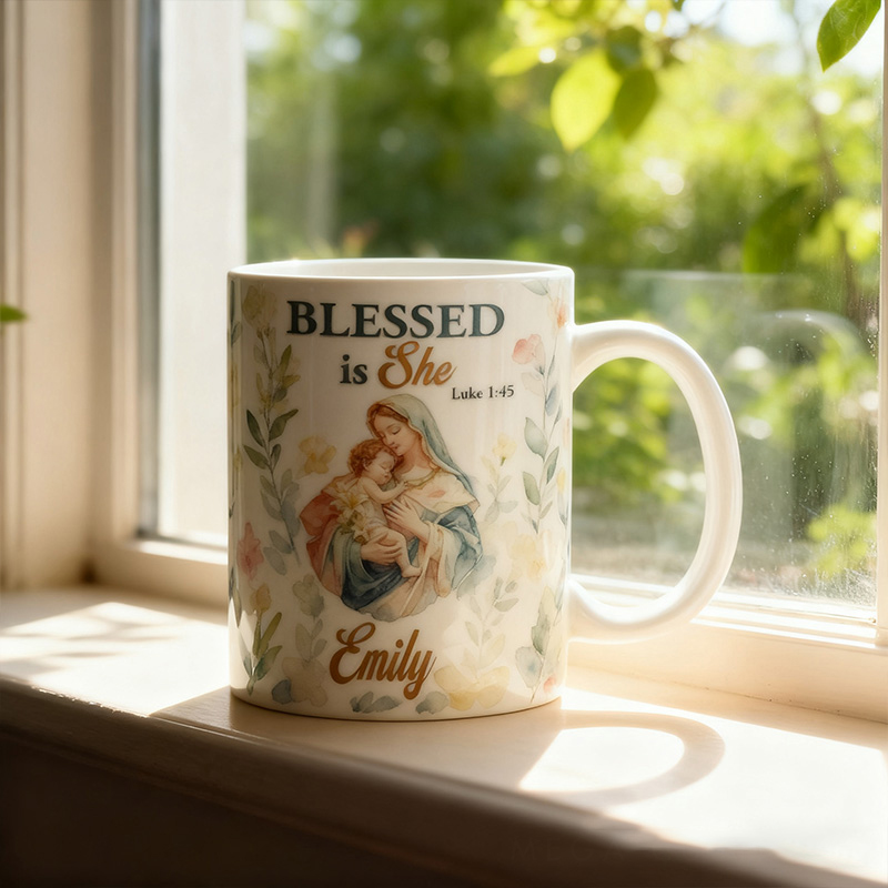 Personalized Blessed is She 11oz 15oz Ceramic Mug with Name Virgin Mary holding Baby Jesus Coffee Mug Watercolor Floral Cup Religious Gift for Her