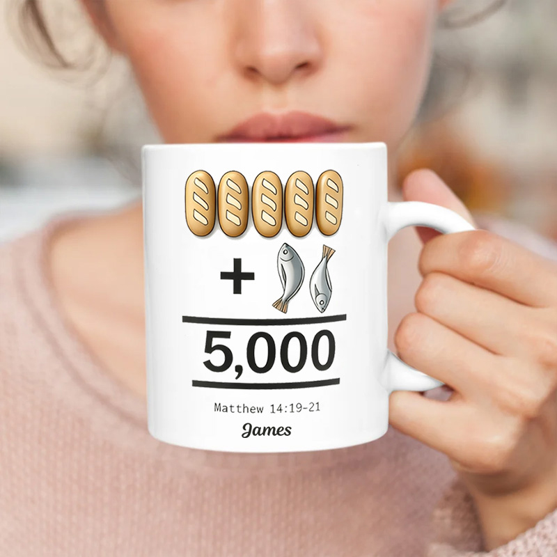 Personalized Five Loaves of Bread and Two Fish Ceramic Mug with Name Jesus Encouragement Coffee Mug Religious Christian Gift
