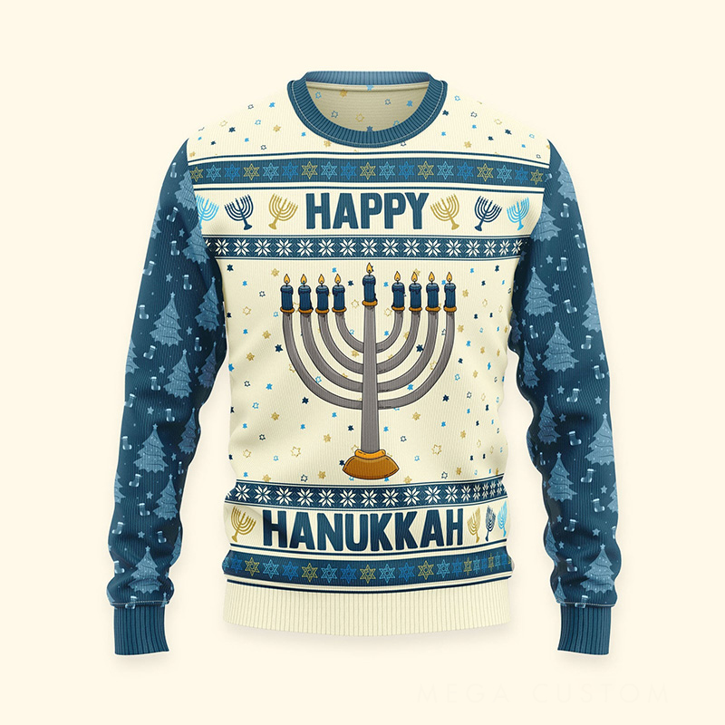Personalized Happy Hannukah Ugly Sweater Menorah Dreidel Star of David Ugly Sweater Religious Gift Happy Hannukah Gift