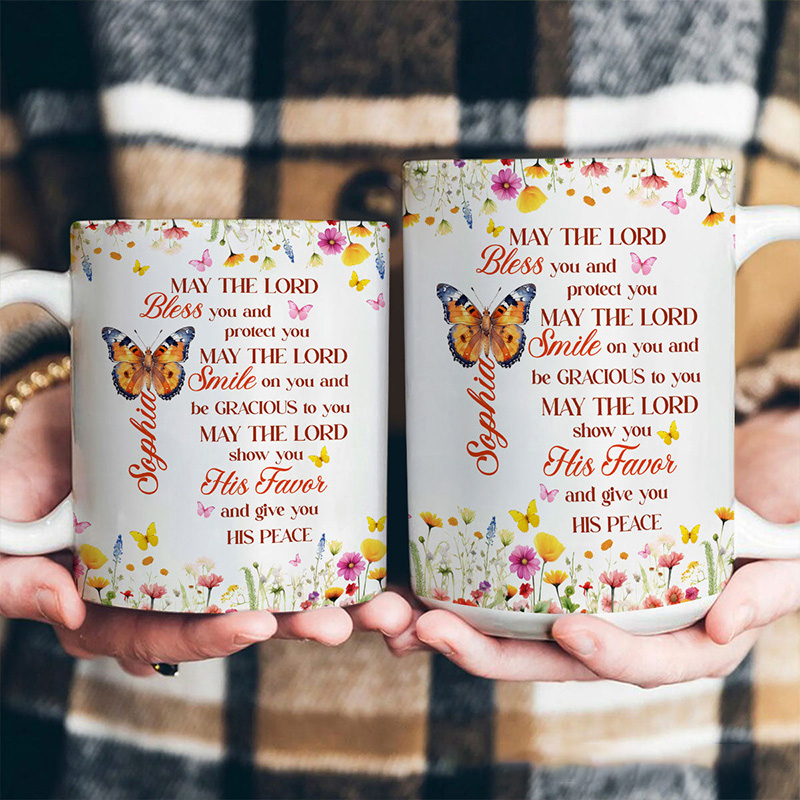 Personalized May The Lord Bless You 11oz 15oz Ceramic Mug with Birth Butterfly and Name Floral Butterfly Coffee Mug Religious Christian Gift for Her