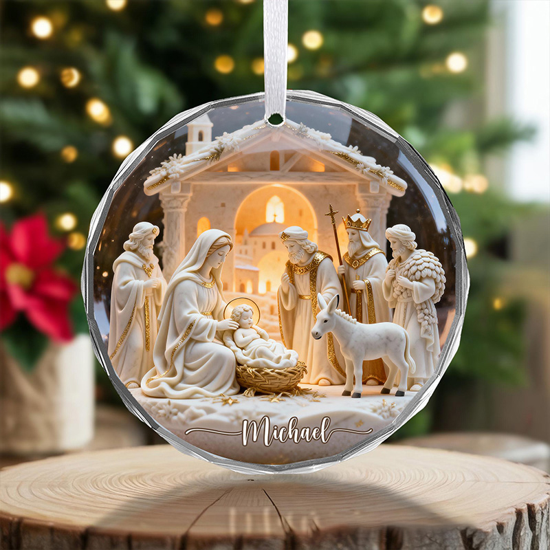 Personalized Nativitys Scene Christmas Round Shaped Glass Ornament with Name Tree Decor Regilious Decor Gift Christmas Gift for Christian Xmas Gift