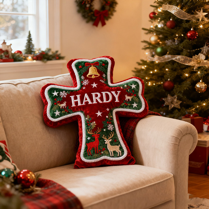 Personalized Christmas Cross Pillow with Custom Name Haliday Home Decor Gold Bell Snowflake Star Reindeer Graphic 3D Print Christian Gift for Xmas
