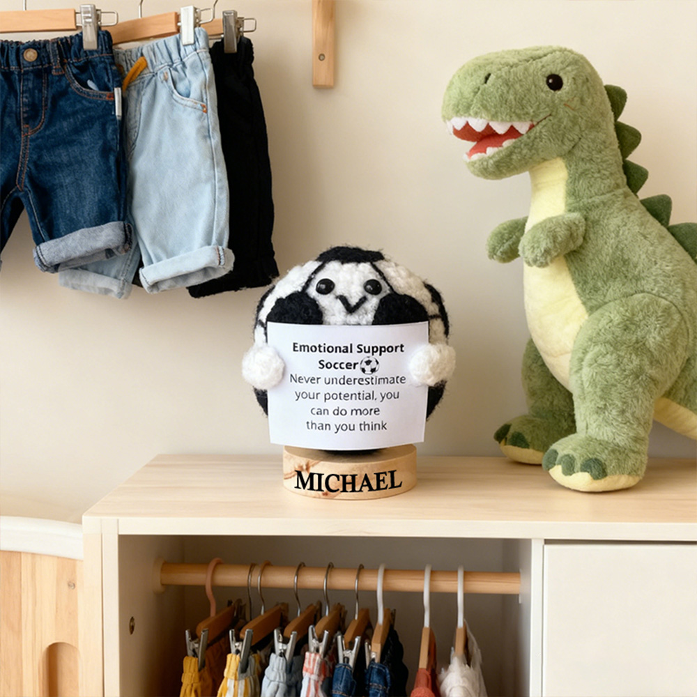 Personalized Crochet Soccer Ball Plush with Custom Name and Encouraging Quote Cheer Up Gift For Soccer Ball Team Player