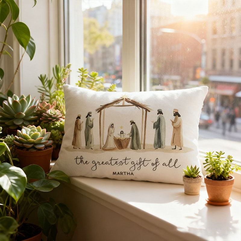 Personalized the Greatest Gift of All Christian Christmas Nativity Star Pillow with Custom Name Xmas Holiday Christian Décor Baby Jesus Religious Gift