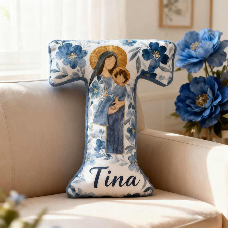 Personalized the Virgin Mary and Baby Jesus Letter Pillow with Custom Name Religious Home Decor Christian Gift Blue Floral Graphic 3D Print Pillow