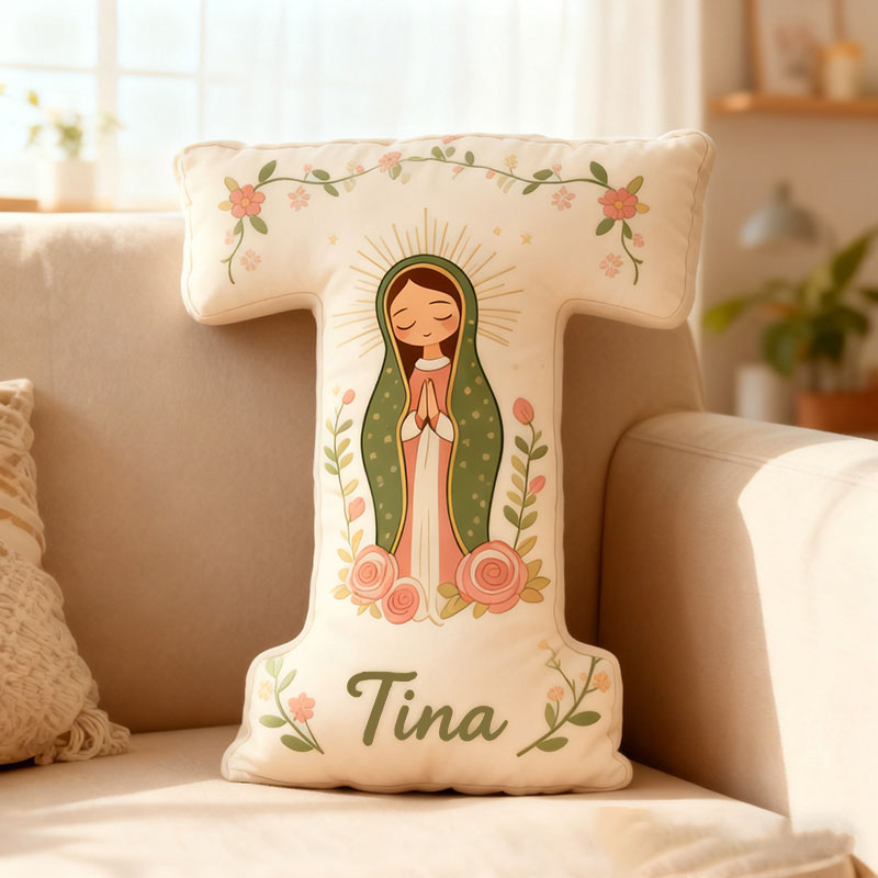 Personalized Cute Our Lady of Guadalupe Letter Pillow with Custom Name Kids Room Decor Catholic Gift for Women Baptism Gift Graphic 3D Print Pillow