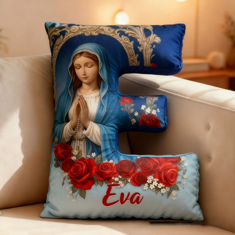 Personalized Virgin Mary Letter Pillow with Custom Name Home Decor Peace Light and Blessing Christian Gift for All Believers Red Rose Graphic 3D Print