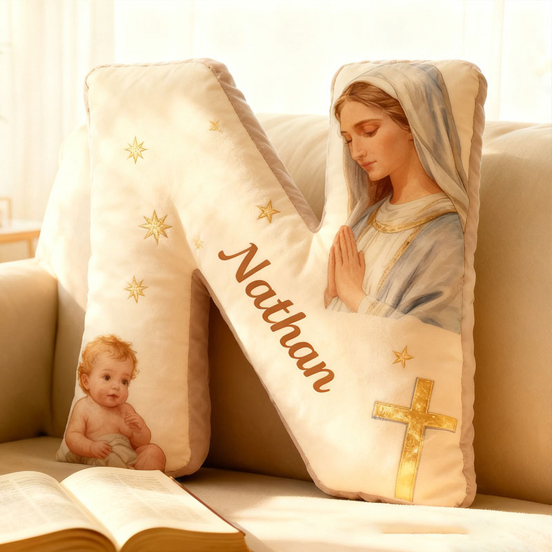 Personalized the Virgin Mary and baby Jesus Letter Pillow with Custom Name Religious Home Decor Graphic 3D Print Pillow Christian Gift Faith Gift