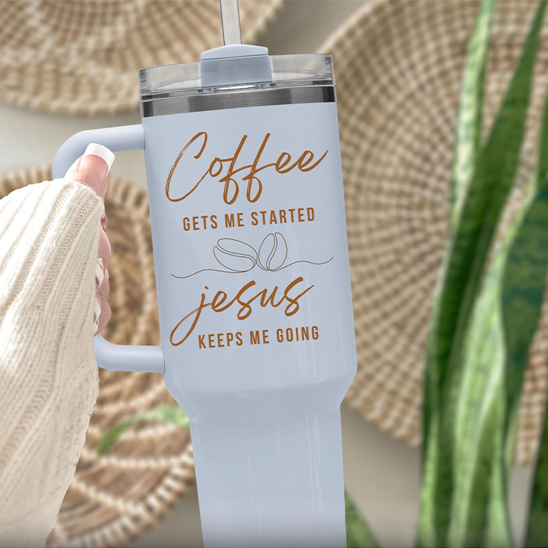 Personalized Coffee and Jesus 40oz Tumbler with Custom Name with Handle and Straw Insulated Large Water Bottle Cup Christian Gift for Coffee Lover