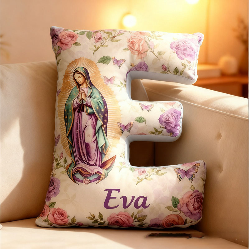 Personalized Our Lady of Guadalupe Purple Letter Pillow with Custom Name Religious Home Decor Catholic Gift Mom Virgen de Guadalupe Graphic 3D Print