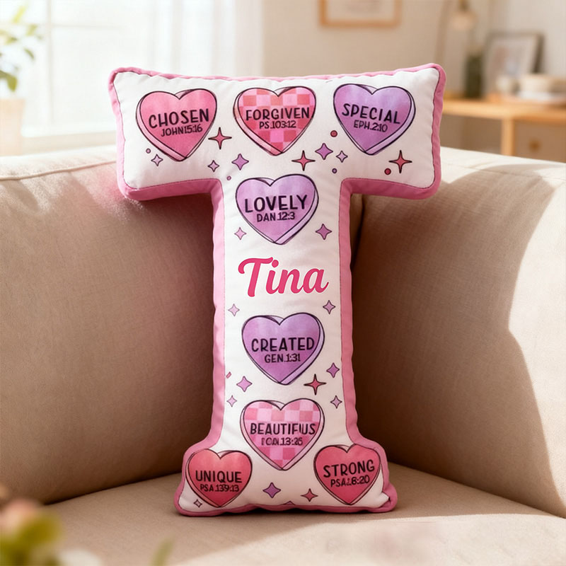 Personalized Bible Verse Heart Shaped Letter Pillow with Custom Name Religious Home Decor Christian Gift Valentine Gift Encouragement Graphic 3D Print