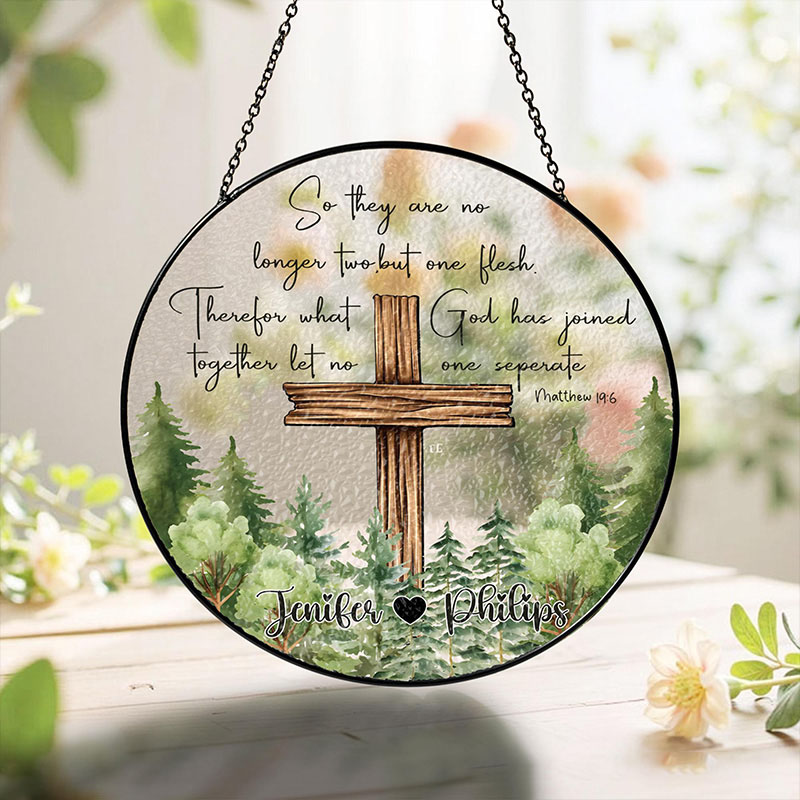 Personalized Christian Wedding Stained Glass Suncatcher Ornament with Custom Name Cross Window Hanging Decor Religious Gift for Couple Wedding Gift
