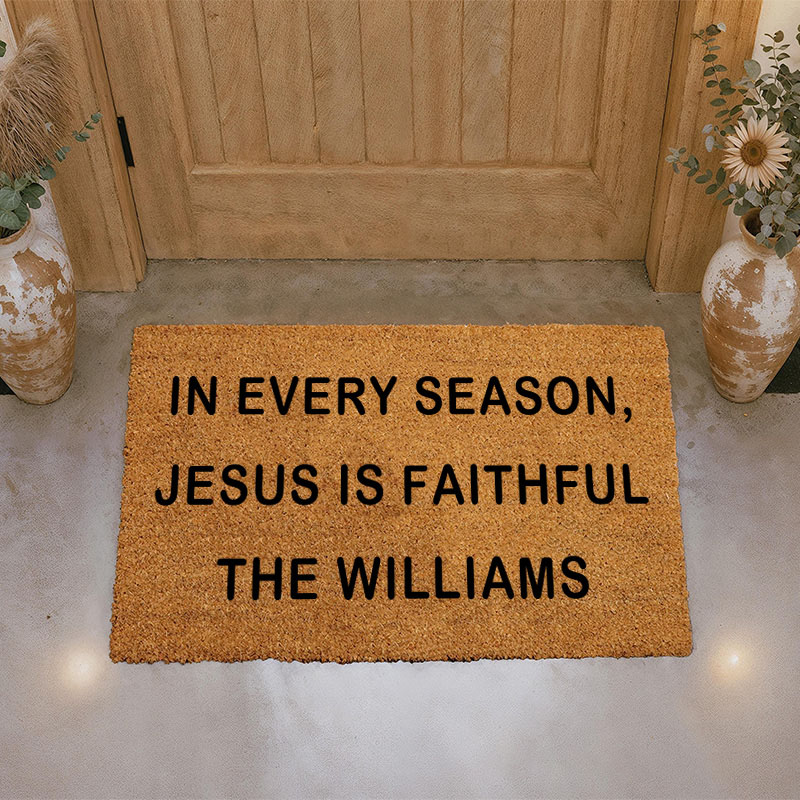 Personalized in Every Season Jesus is Faithful Doormat with Custom Family Name Non-Slip Durable Front Door Decor Christian Welcome Mat Religious Gift