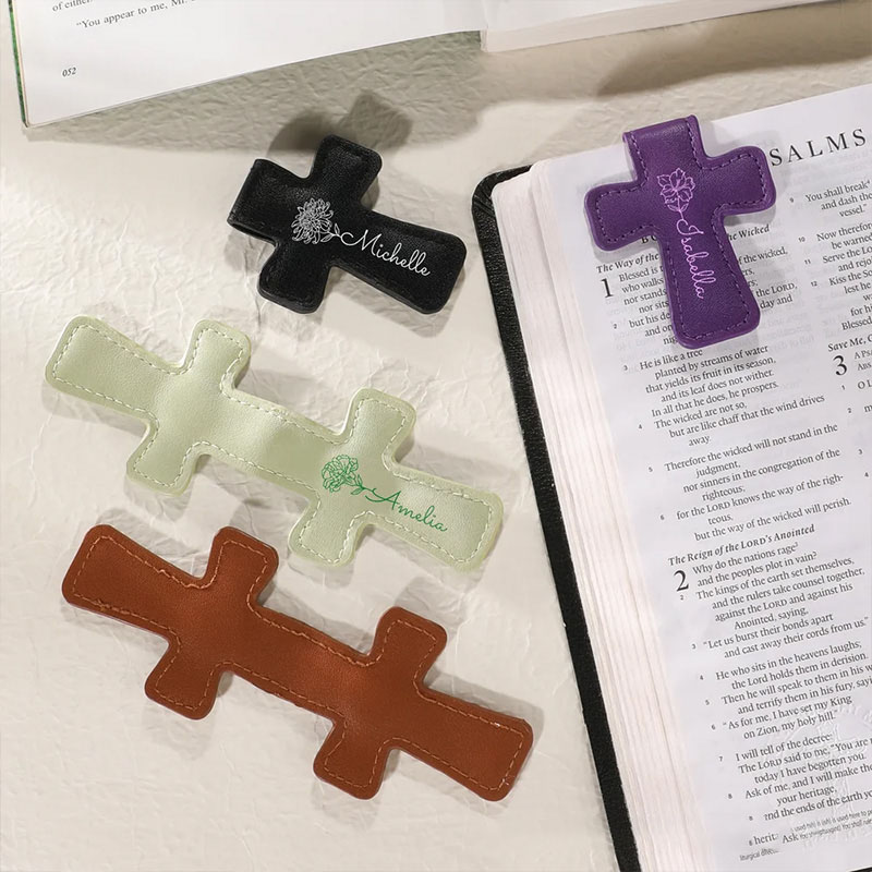 Personalized Birth Flower PU Leather Cross Magnetic Bookmark Clip with Name Reading Supplies First Communion Baptism Gift for Christians Bookworms