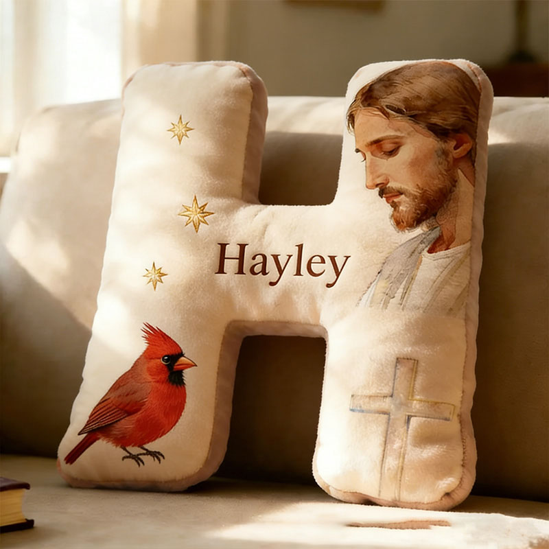 Personalized Jesus with Cardinals Letter Pillow with Custom Name Religious Home Decor Jesus Christ Graphic 3D Print Pillow Christian Gift Faith Gift