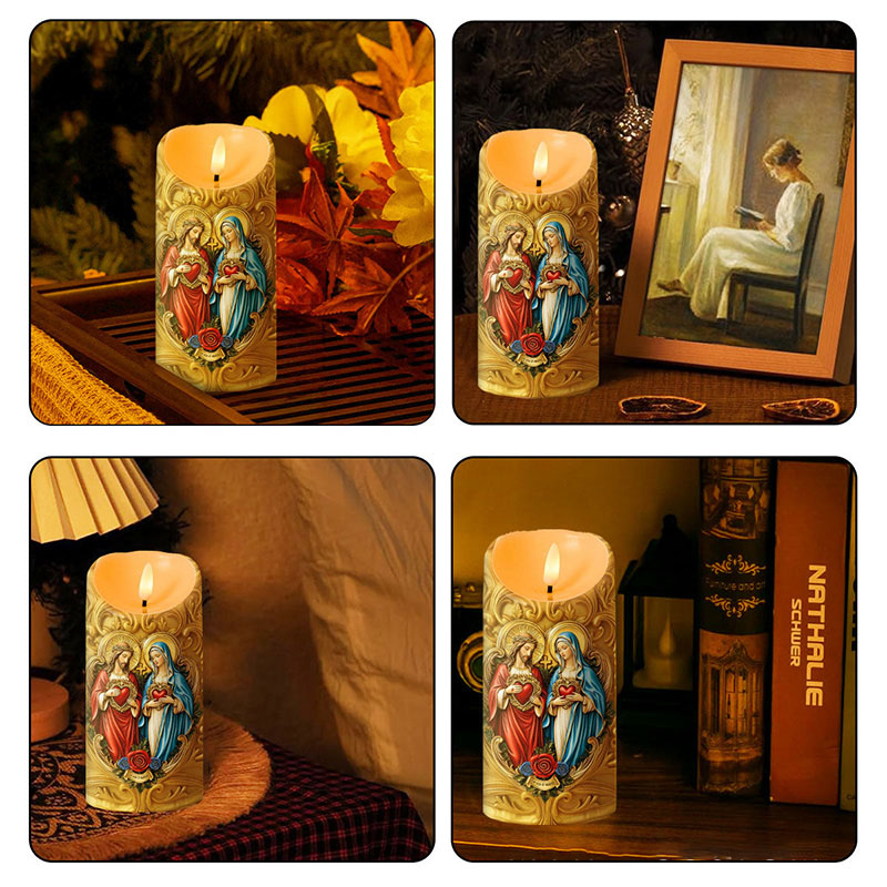 Personalized Eternal Hearts of Heaven Flameless LED Candle with Name Catholic Religious Decor Sacred Heart of Jesus and Virgin Mary Prayer Faith Gift
