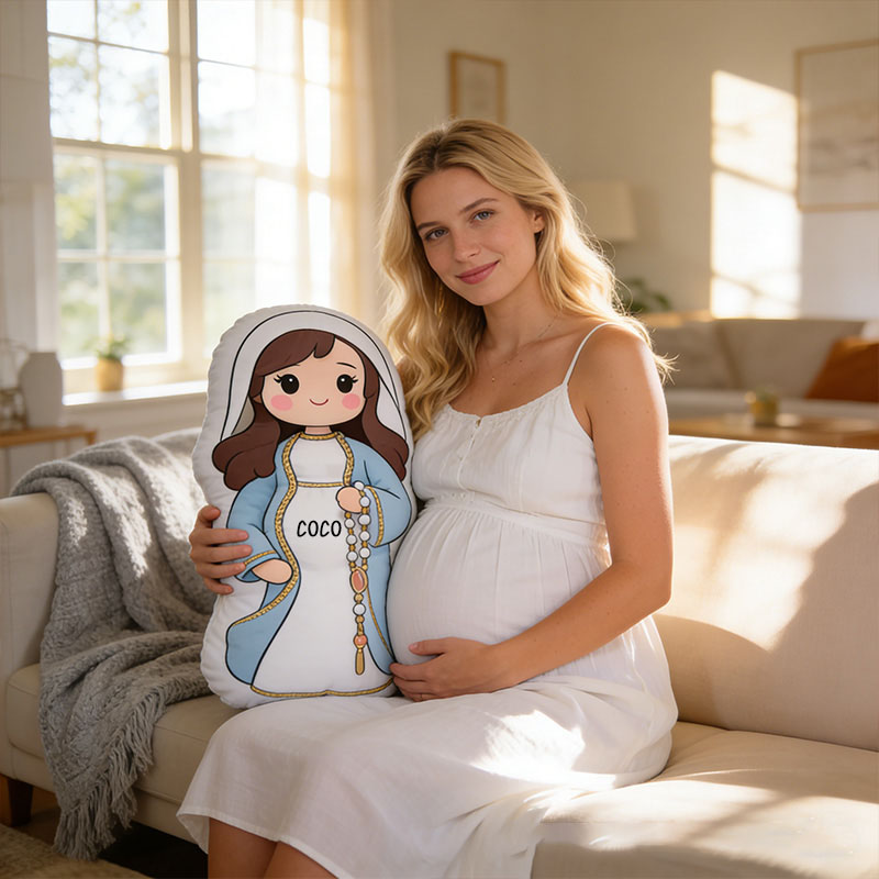 Personalized Pregnant Virgin Mary Pillow with Custom Name Home Decor Catholic Gift for Expectant Mother Our Lady of Expectation Doll Graphic 3D Print