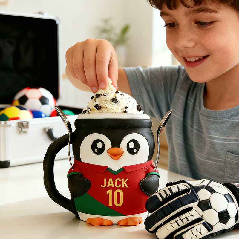 Personalized Soccer World Cup Penguin Ice Cream Pint Holder 3D Printed with Spoon Slots & Snack Drawer with Custom Details for Soccer Fans