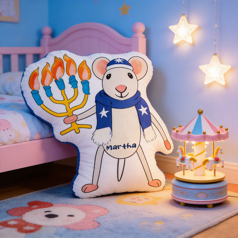 Personalized Hanukkah Mouse Pillow with Custom Name Cute Jewish Holiday Decoration Festive Winter Decor Kids Dreidel Party Favor Happy Hanukkah Gift