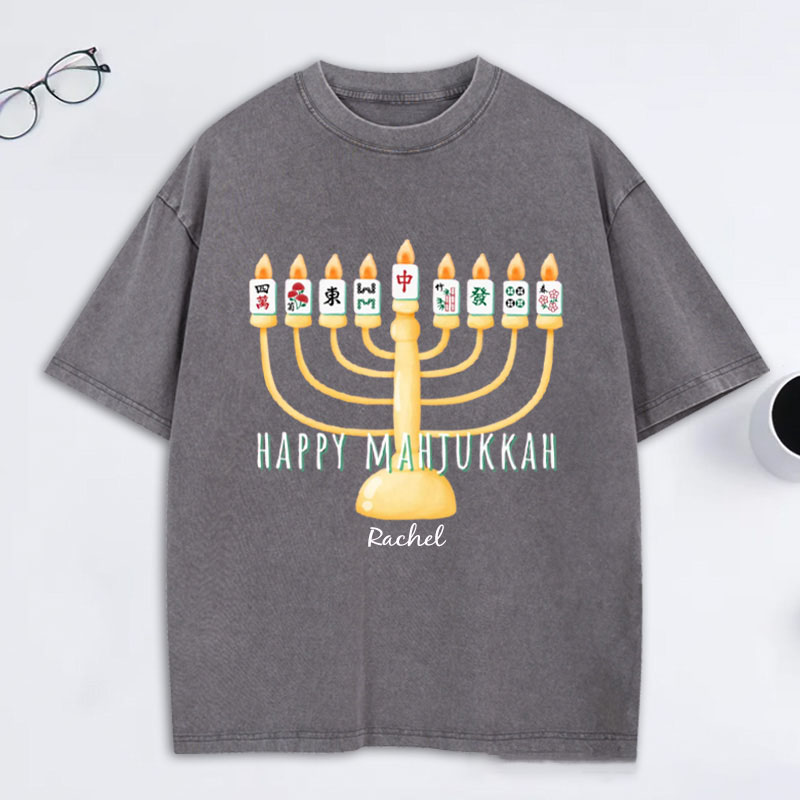 Personalized Hanukkah Mahjong Washed T-Shirt with Name Mahjong Lovers Holiday Shirt Mahj Funny Tee Jewish Holiday Gift Religious Funny Gift