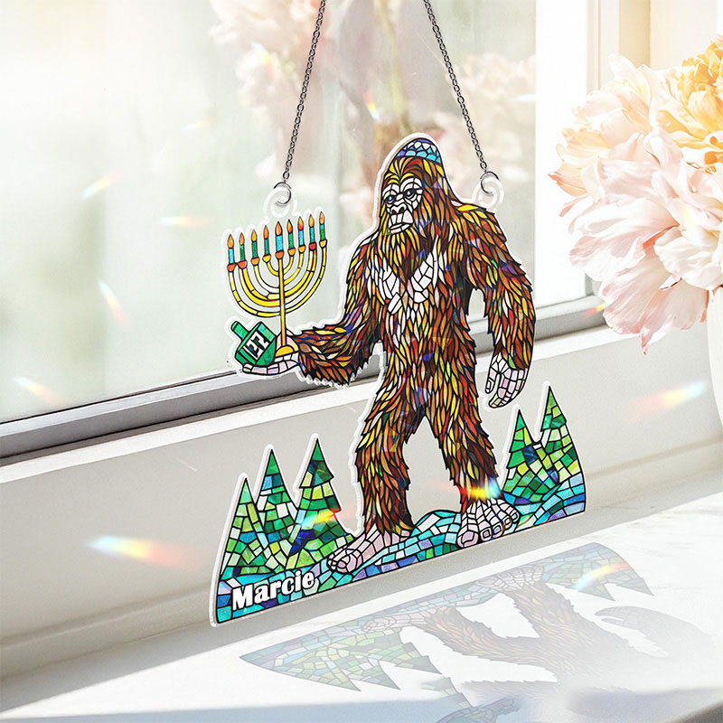 Personalized Holographic Bigfoot Hanukkah Suncatcher Ornament with Custom Name Sasquatch Judaica Window Hanging Hanukkah Decor Happy Hanukkahs Gift