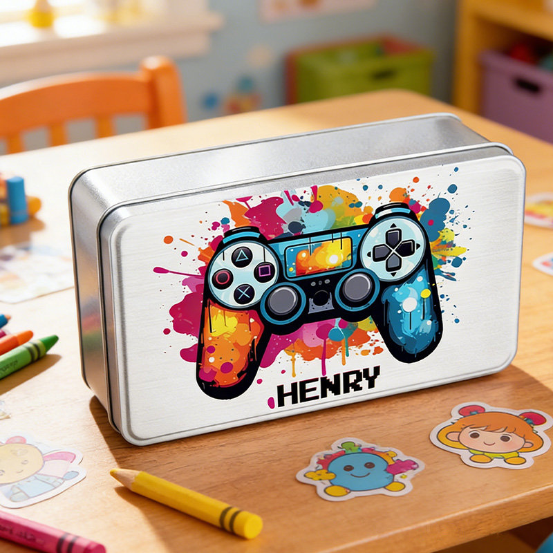 Personalized Splash-Ink Gamepad Design Biscuit Tin Storage Box with Name Birthday Gift for Kids Game Lover