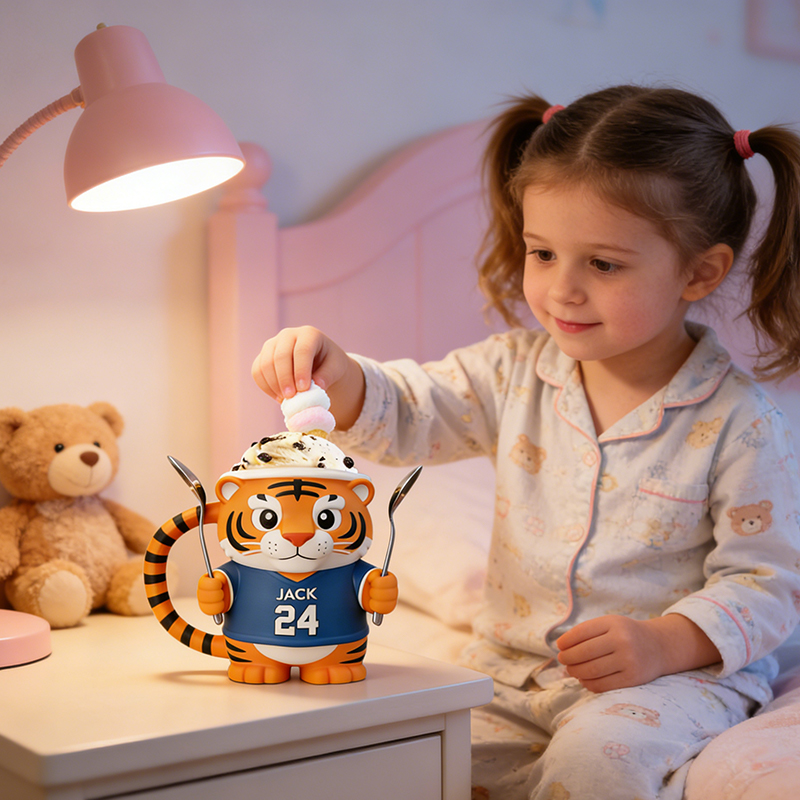 Personalized Tiger Baseball Mascot Ice Cream Pint Holder 3D Printed with Spoon Slots & Snack Drawer Custom Detail for Kids and Baseball Enthusiasts