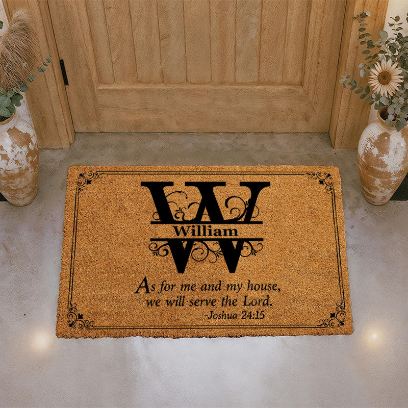 Personalized We Will Serve the Lord with Initials of Family Name Doormat Non-Slip Welcome Mat Religious Housewarming Gift