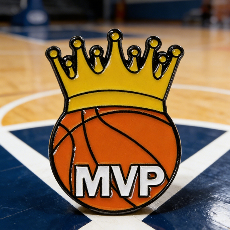 Personalized Basketball Themed Pins Featuring Basketball Hoops and Crowns