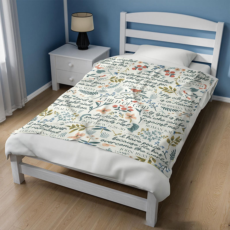 Personalized Child of God Inspiration Soft Throw Blanket with Custom Name Bible Floral Blanket Family Gift Christian Gift Religious Baptism Gift