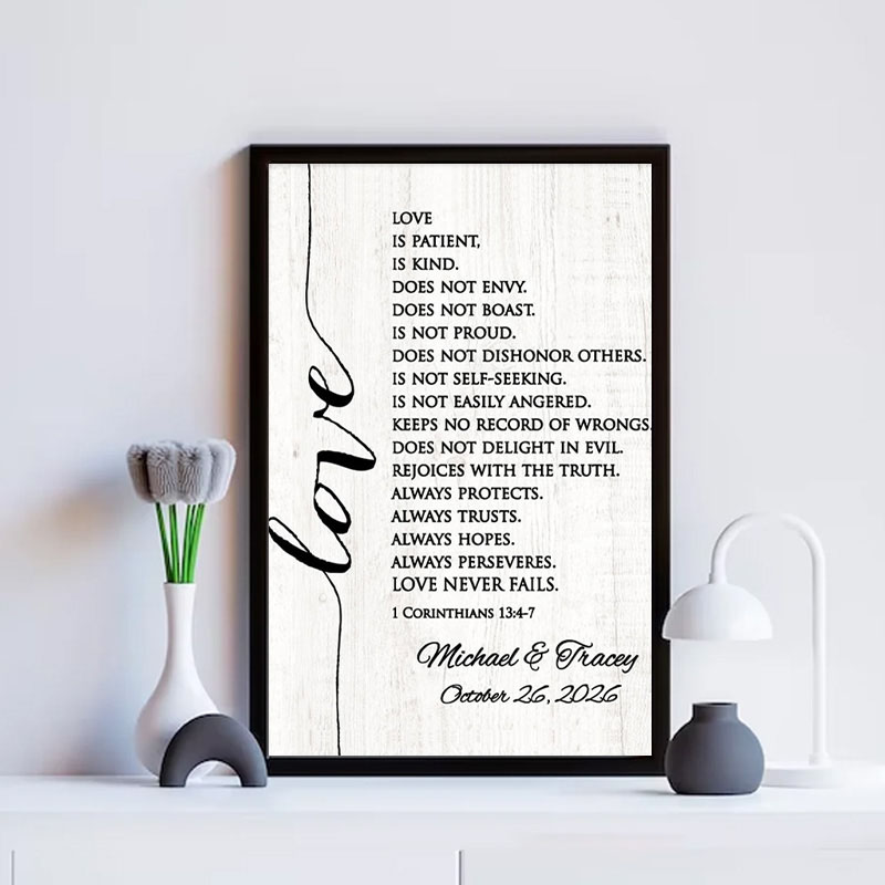 Personalized Corinthians Bible Verse Frameless Poster with Custom Couple Names Wedding Wall Decor Religious Gift for Couple