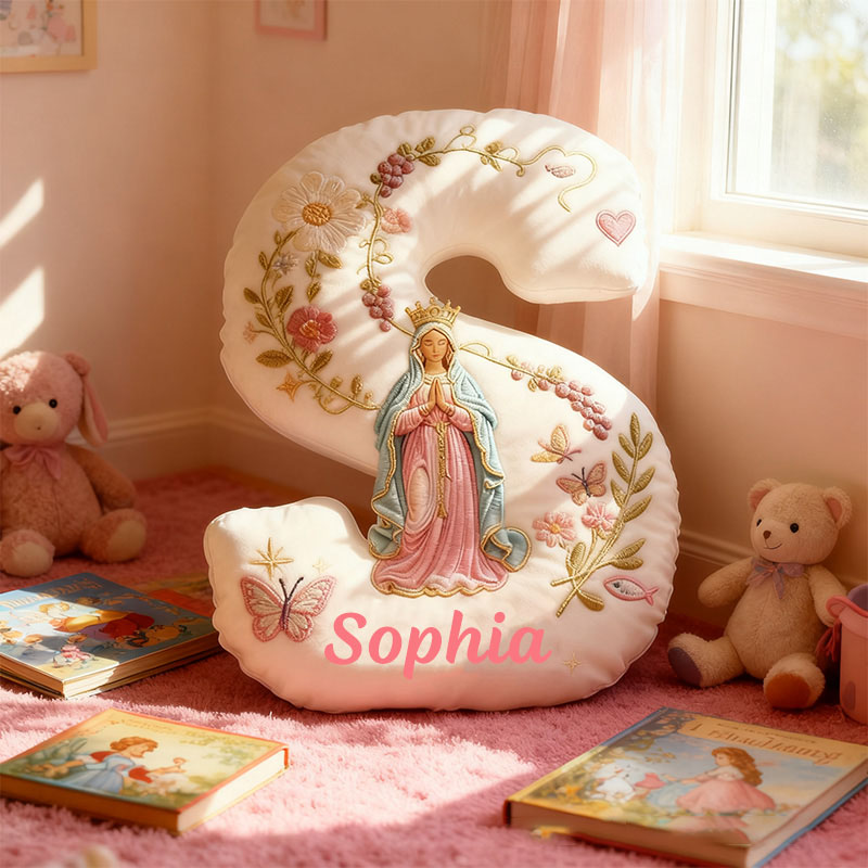 Personalized Virgin Mary Letter Pillow with Custom Name Home Decor Flower Butterfly Vine Graphic 3D Print Pillow Religious Faith Gift Catholic Gift