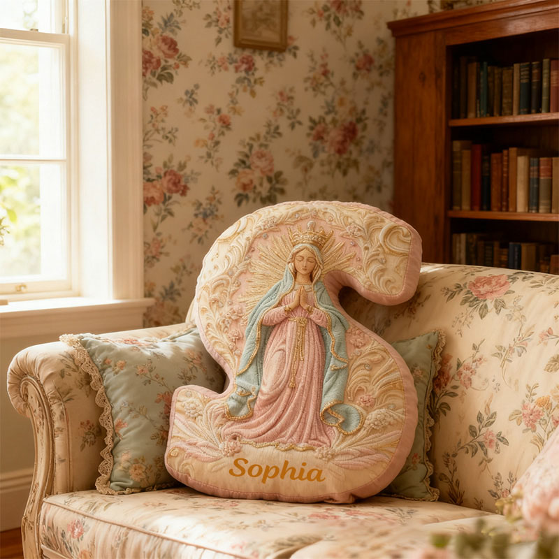 Personalized Golden Grace Virgin Mary Letter Pillow with Custom Name Home Decor Our Lady Pillow Catholic Marian Pillow Christian Gift Graphic 3D Print
