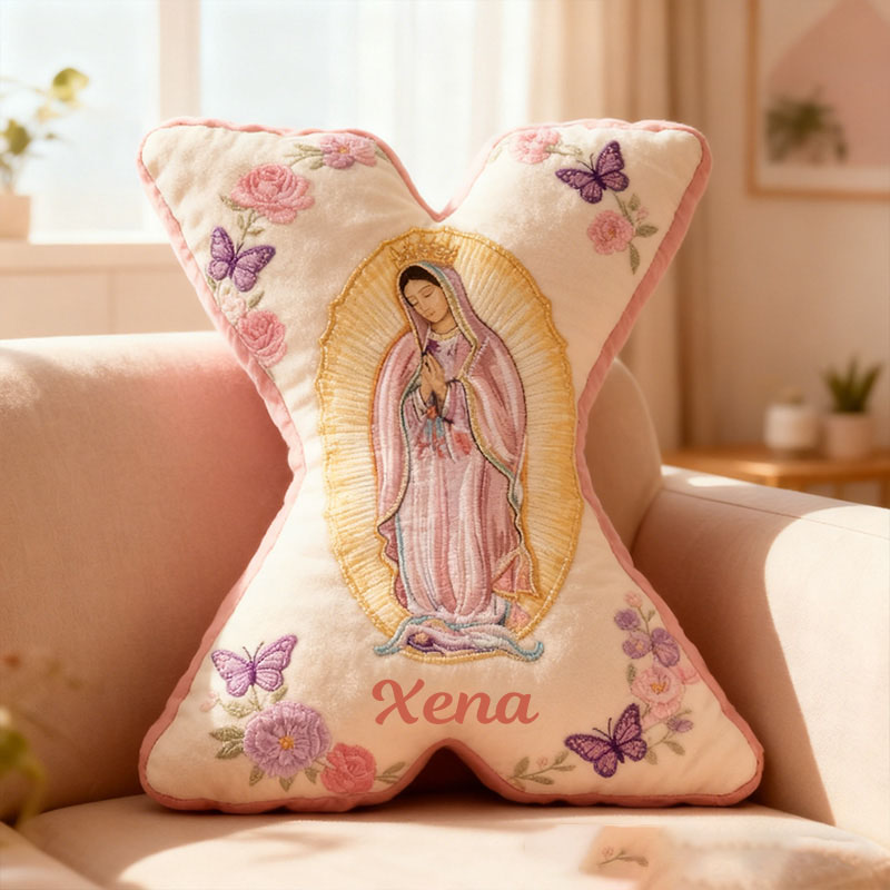 Personalized Virgin Mary Letter Pillow with Custom Name Faith Christian Home Decor Catholic Gift for Her Floral and Butterfly Graphic 3D Print Pillow