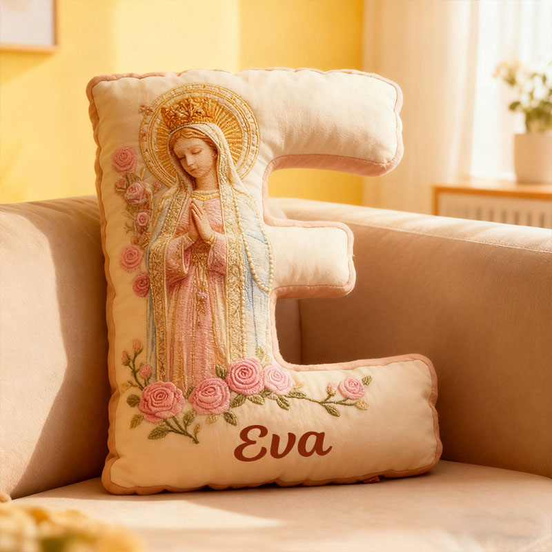 Personalized Our Lady of Guadalupe Letter Pillow with Custom Name Home Decor Catholic Gift for Prayer & Faith Virgin Mary Pink Rose Graphic 3D Print