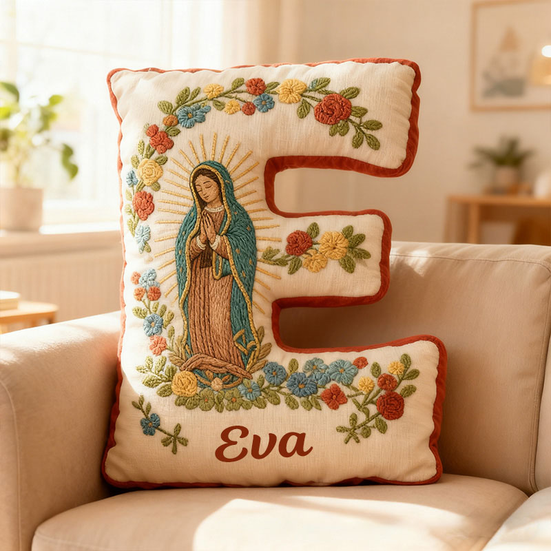 Personalized Virgin Mary Letter Pillow with Custom Name Faith Christian Home Decor Catholic Gift for Her Our Lady of Guadalupe Floral Graphic 3D Print