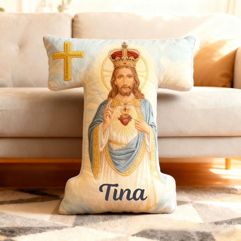 Personalized the Sacred Heart of Jesus Letter Pillow with Custom Name Religious Home Decor Christian Gift for Prayer & Faith Graphic 3D Print Pillow
