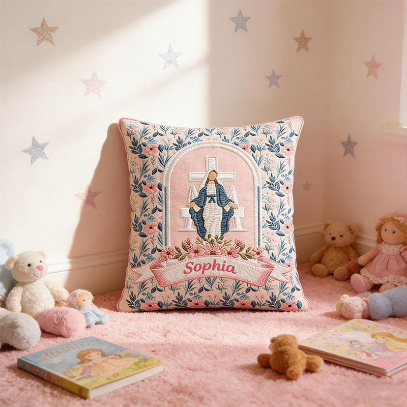 Personalized Virgin Mary Floral Pillow with Custom Name Home Decor Religious Gift Catholic Gift for Her Cross and Marian Graphic 3D Print Pillow