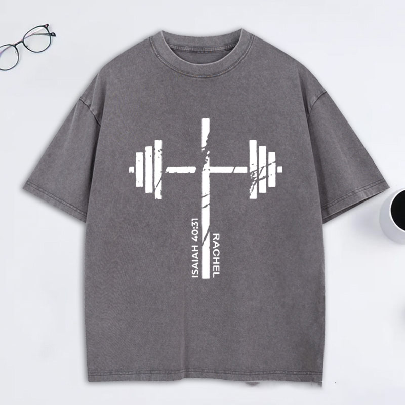 Personalized Christian Gym Cross Washed T-Shirt with Name Lift Heavy Pray Hard Shirt Faith Workout Top Jesus Fitness Apparel Religious Gift for Men