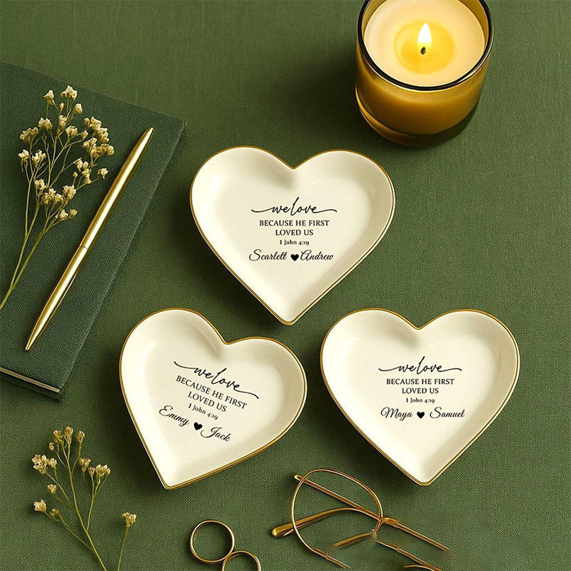 Personalised We Love Because He First Loved Us John 4:1 Ceramic Jewelry Dish with Custom Names Bible Verse Ring Dish Christian Wedding Gift for Couple