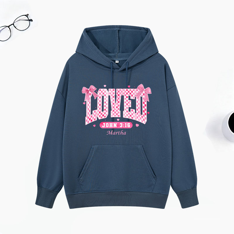 Personalized Checkered Loved John 3:16 Bible Verse Classic Hoodies with Name Retro Hoodies Religious Gift Valentines Day Gift for Couple