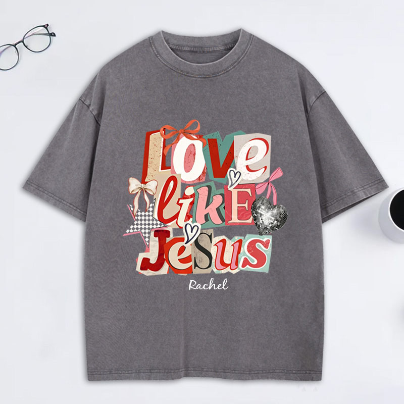 Personalized Love Like Jesus Vintage Washed T-Shirt with Custom Name Preppy Valentine’s Day Checkered Tee Coquette Jesus Shirt Valentine’s Day Gift