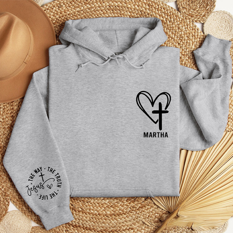 Personalized the Way the Truth the Life Jesus Classic Hoodies with Custom Name Heart and Cross Christian Hoodies Christian Valentine Day Gift