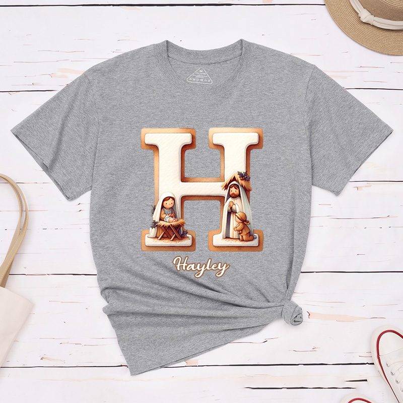 Personalized Nativity Scene Classic T-Shirt with Initial and Name Christian Shirt Religious Gift Faith Gift for Christians