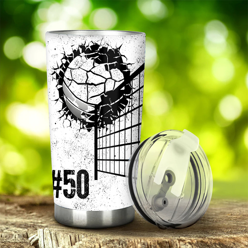 Personalized Volleyball Tumbler Featuring Cracked Volleyball Artwork with Custom Name and Number for Volleyball Fans