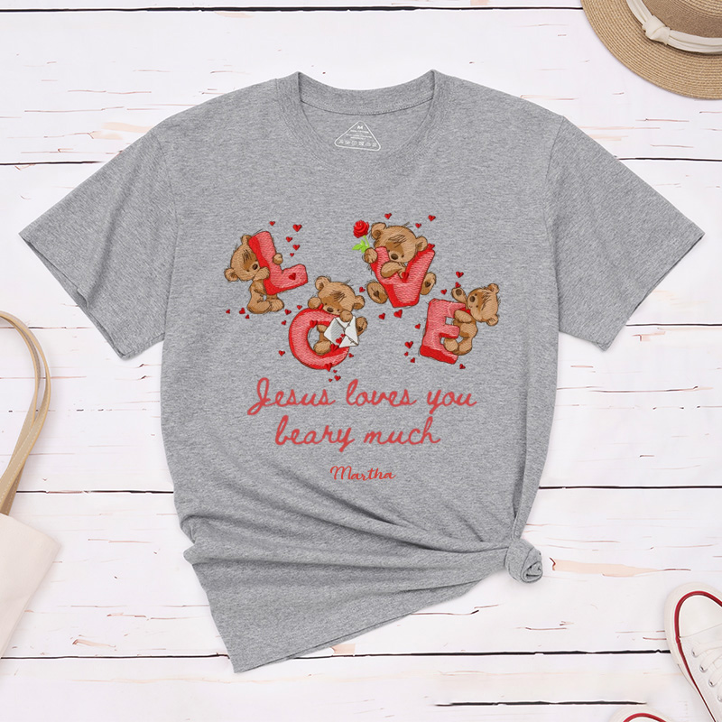 Personalized Jesus Loves you Beary Much Retro Bear Heart Valentine Classic T-Shirt with Name Christian Shirt Religious Gift Valentine's Day Gift for Her