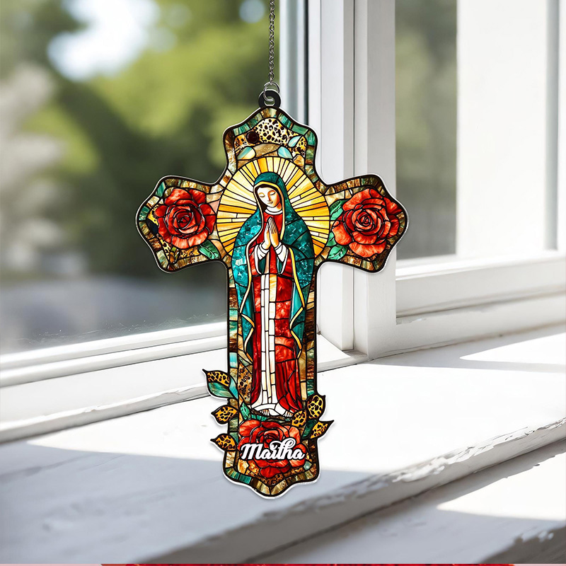 Personalized Lady of Guadalupe Cross Suncatcher with Custom Name Religious Virgin Mary Window Decor Mother of God Catholic Gift for Her
