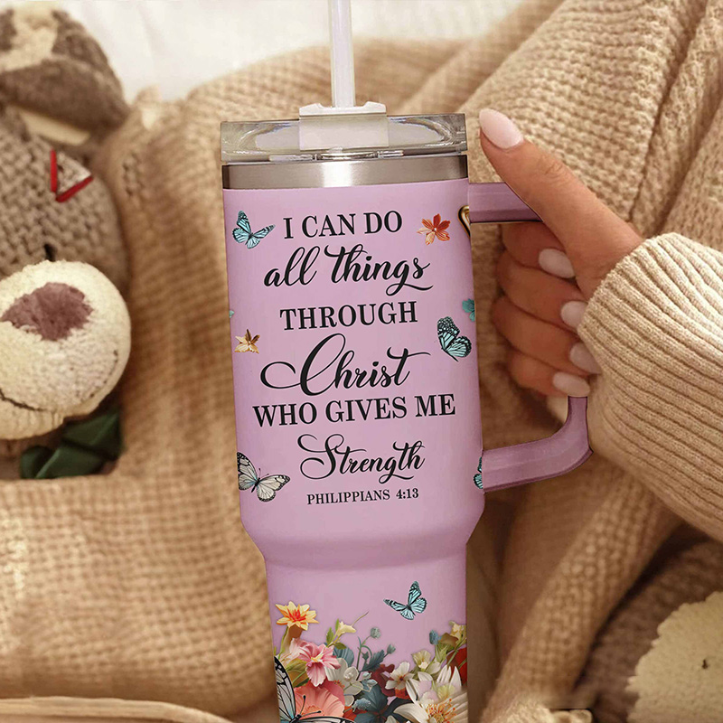 Personalized I Can Do All Things Through Christ 40oz Tumbler with Custom Name Handle and Straw Insulated Large Water Bottle Cup Religious Gift for Her