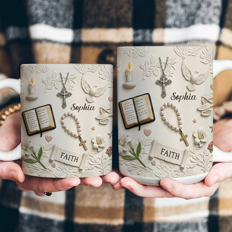Personalized Rooted In Faith 11oz 15oz Ceramic Mug with Custom Name 3D Style Bible Rosary Cross Candles Ddoves Coffee Mug Religious Gift for Her